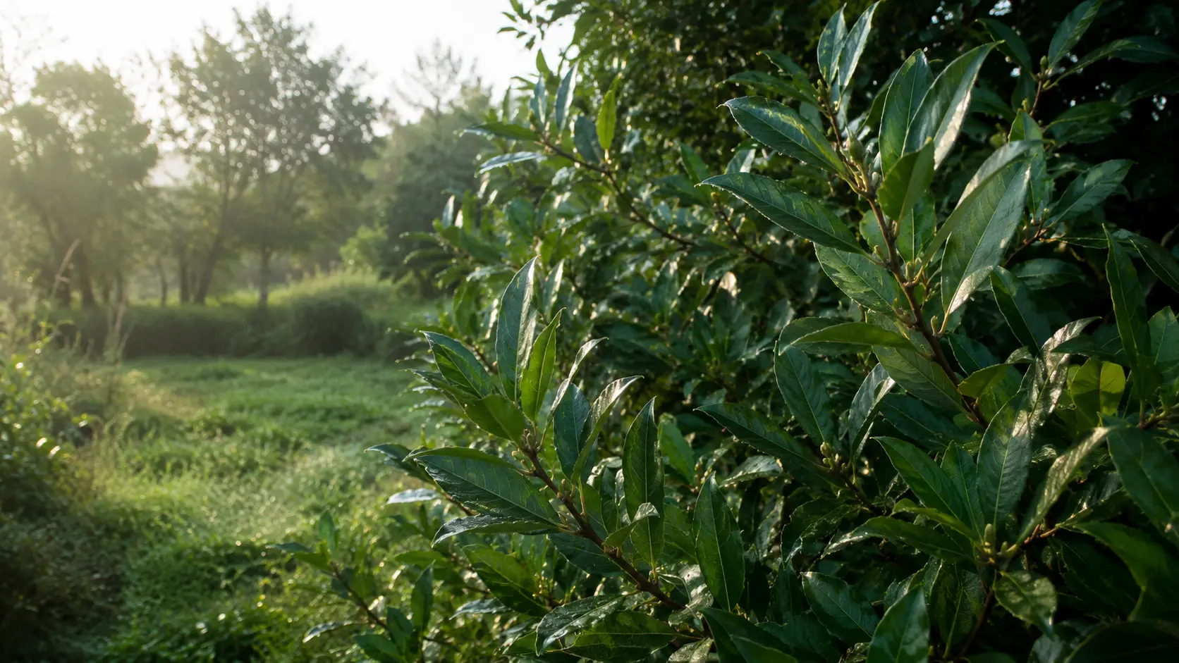 Branches de laurier noble dans une lumière matinale douce